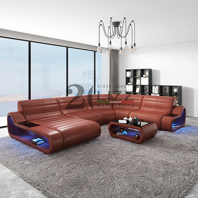 Canapé d'angle à LED en cuir pour salon avec meuble TV