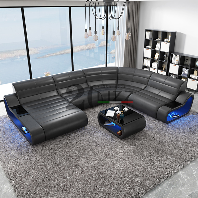 Canapé d'angle à LED en cuir pour salon avec meuble TV